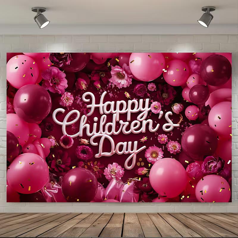 2D Happy Children s Day Backdrop, Pink & Magenta Balloon Flower Party Background 47.2x31.5inch/120*80cm