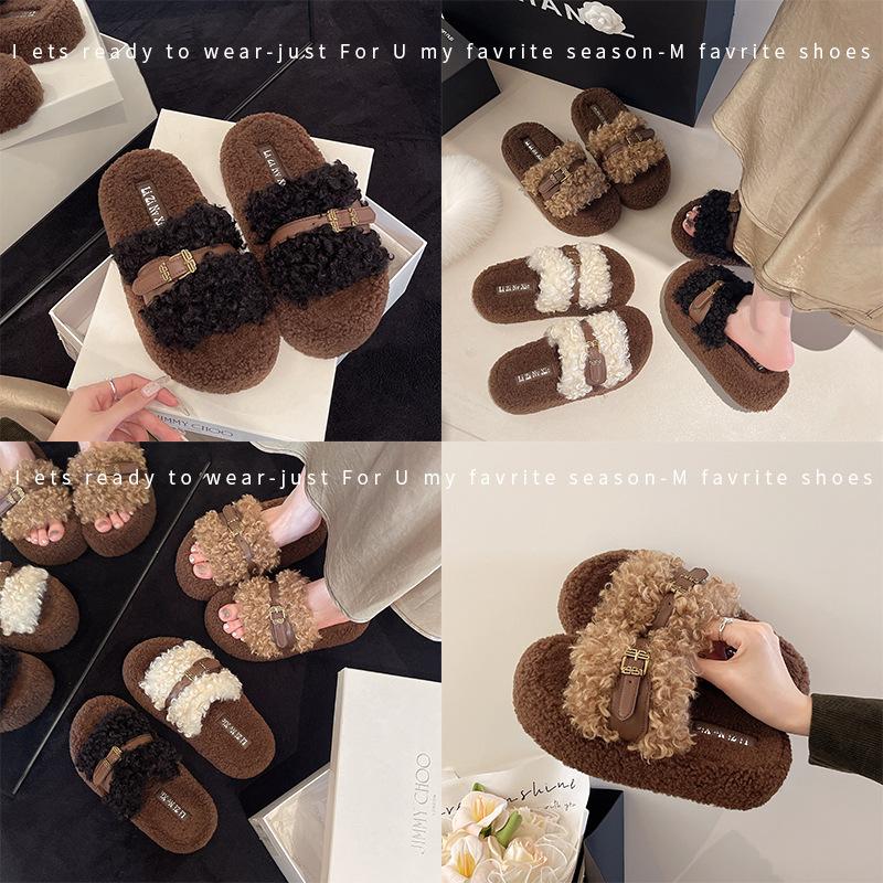 Premium fluffy slippers women's wear new autumn and winter thick-soled heightening casual plush cotton slippers