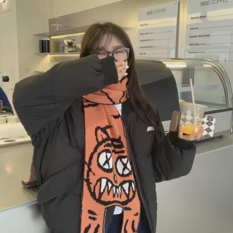 Korean Soft Girl Chic Scarf: Cute Knitted Tiger Wool Shawl for Students