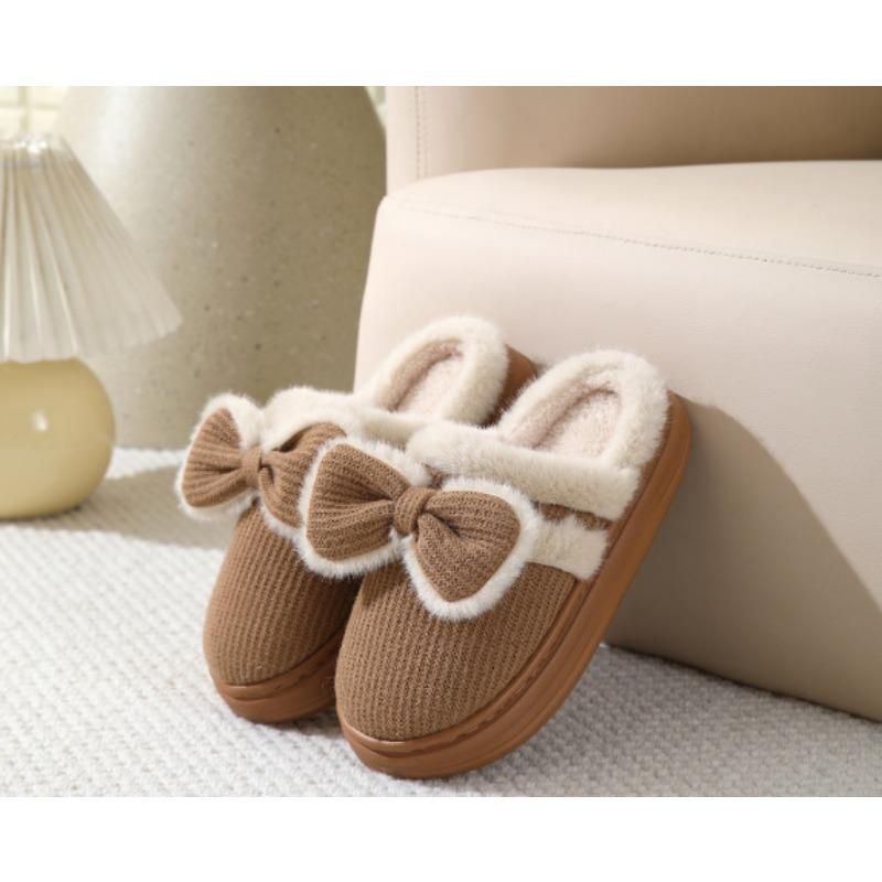 Autumn and Winter Step On Non-slip Cotton Indoor Bow Shit Outer Wear Home Cotton Couple Slippers Women's Plush Non-slip Warm