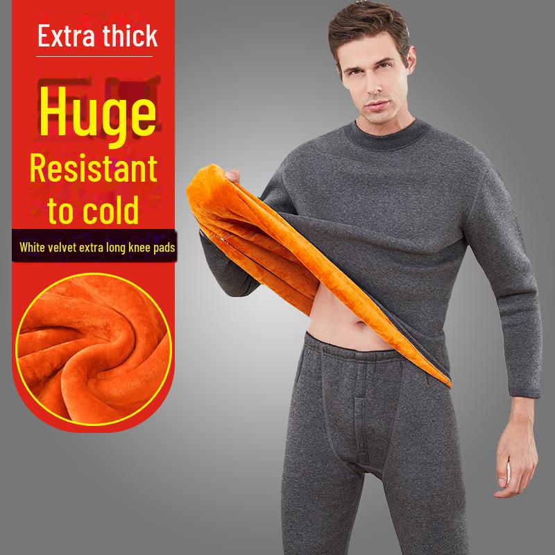 Men's and Women's Plus Velvet Thick Thermal Underwear Suit for Middle-aged and Elderly - Solid Color Winter Set