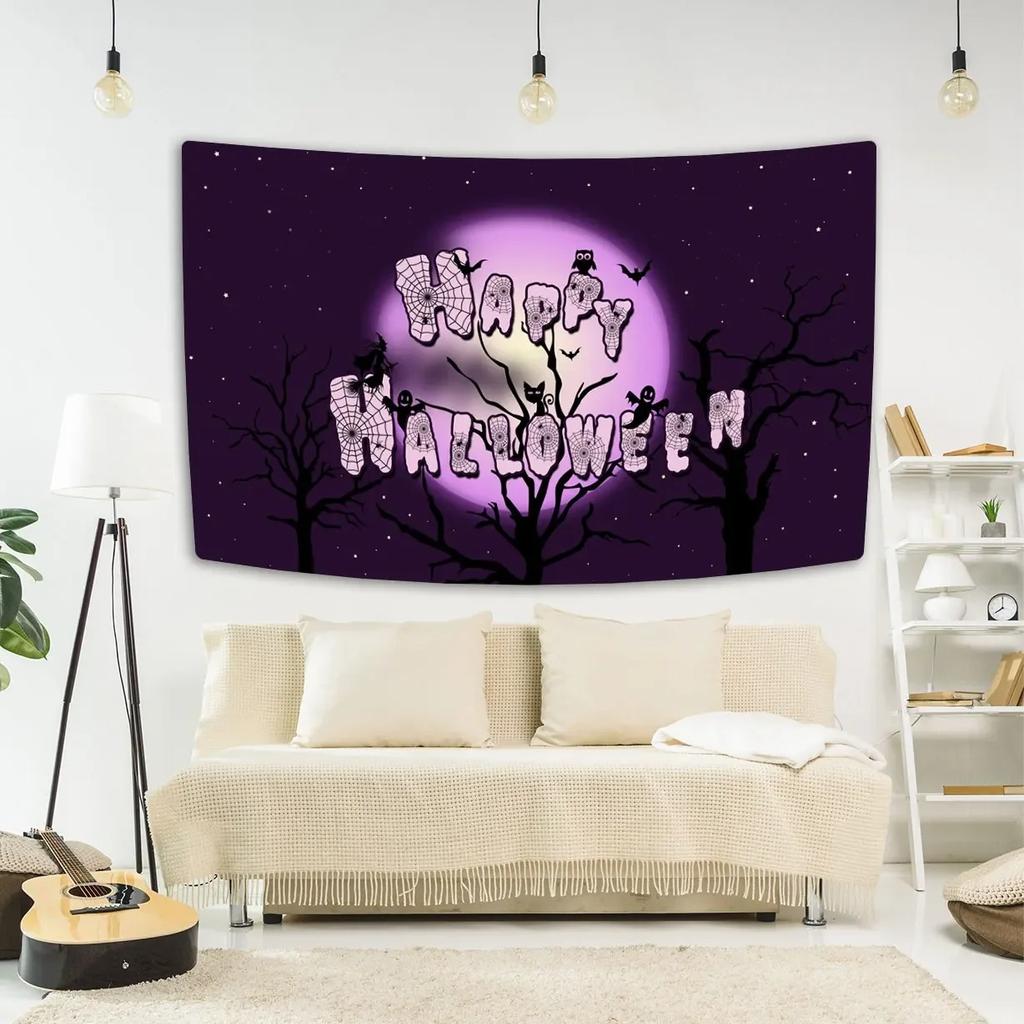 Happy Halloween Decorative Tapestry Bat Pumpkin Print Wall Hanging Carpet Party Background Fabric Home Room Decoration