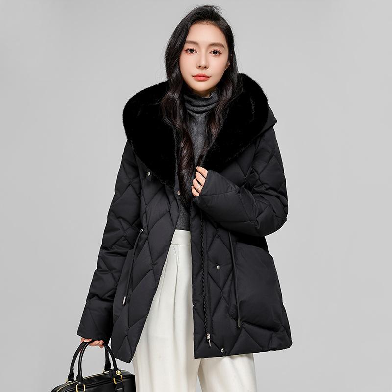 Mid-length loose waist slimming hooded thick diamond-shaped padded jacket jacket