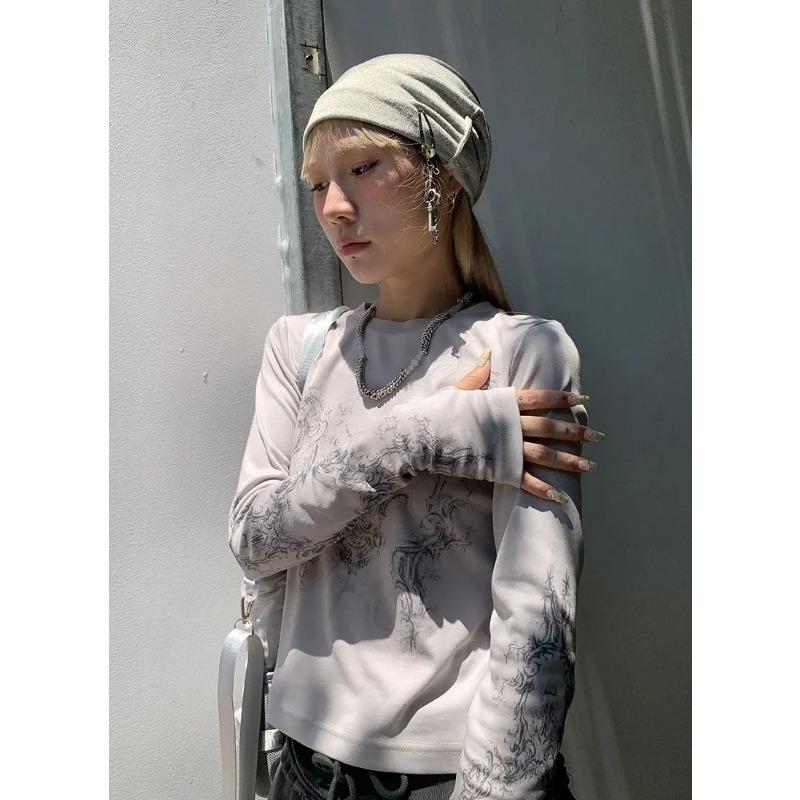 Vintage Women Clothes Y2k T-shirts 2022 O-neck Long Sleeve Print Woman Tshirts Fashion Casual Tops Gothic Crop Top
