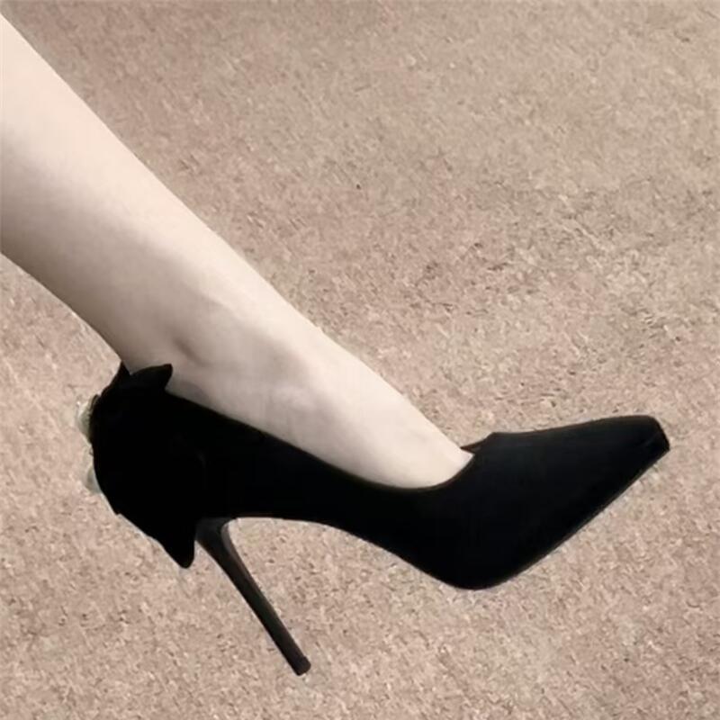 Black waterproof table super high heels women's pointed head thin heel bow pearl single shoes 11CM