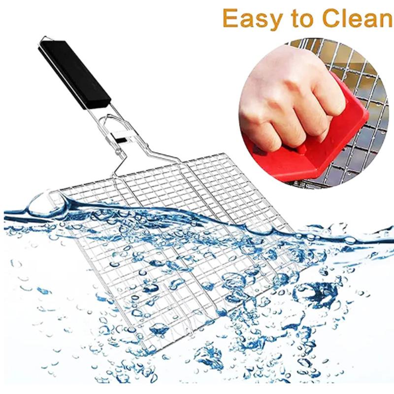 Grilling Basket Folding Portable Outdoor Camping Stainless Steel BBQ Rack with Removable Handle Barbecue Griller Cooking Tool