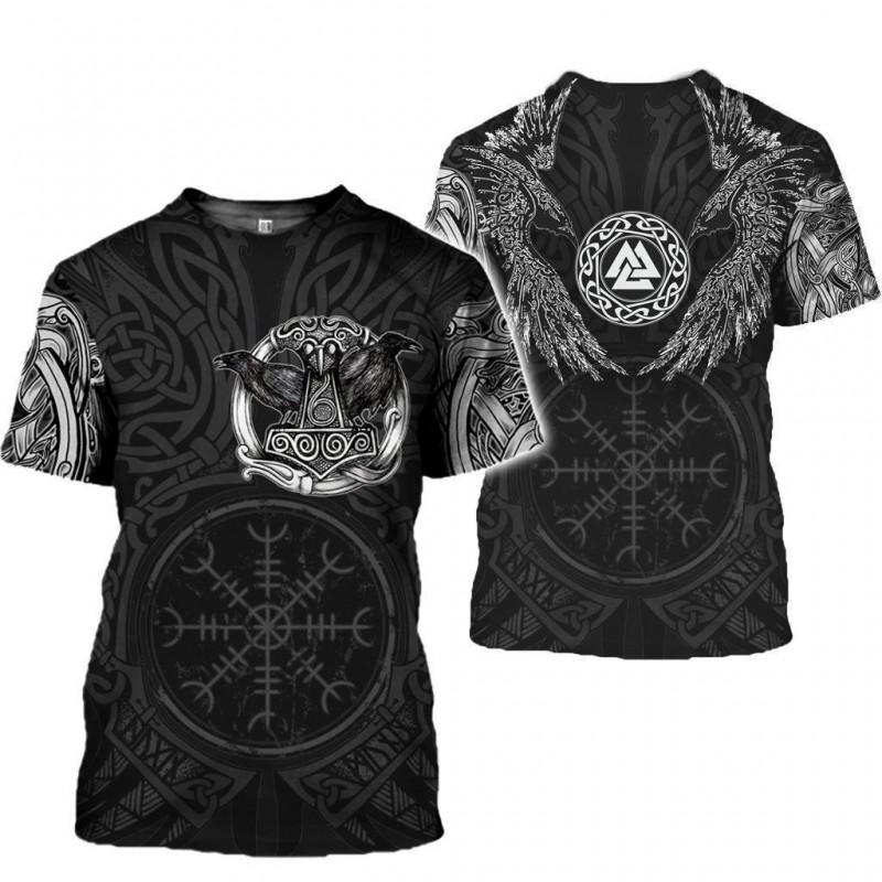 Mens Viking Print T-Shirt 3D Digital Short Sleeve Casual Loose Fit Tee