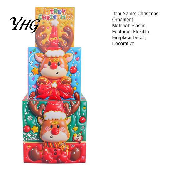 Holiday Gift Storage Containers 3Pcs Christmas Stackable Box, Layered Cube Plastic Boxes with Santa Shop Window Props Snowman Reindeer, Tabletop
