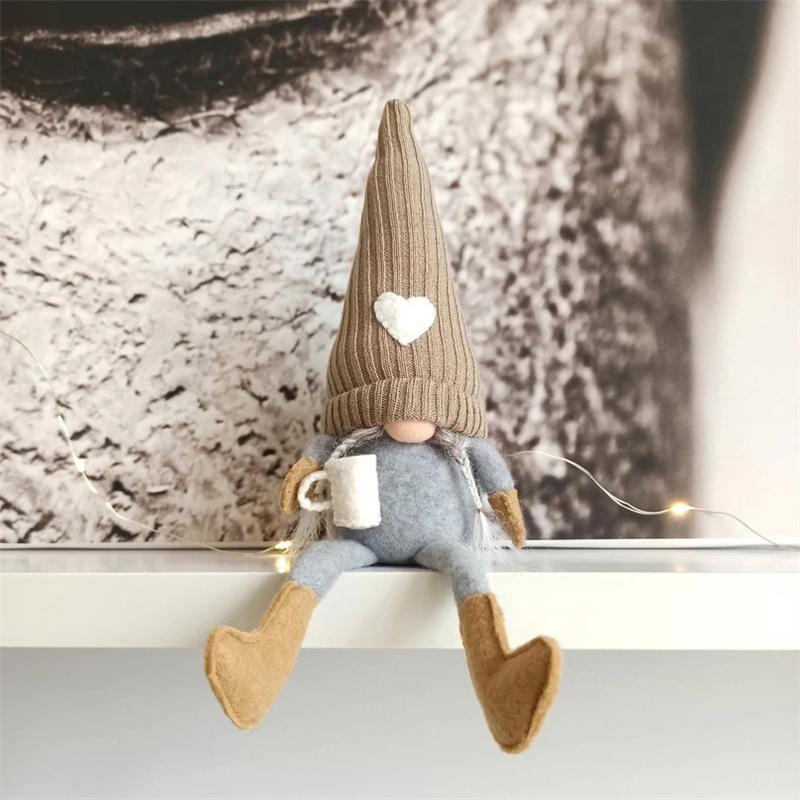 Christmas Decoration Knitted Faceless Plush Gnome Doll Hanging Leg Holding Coffee Doll Table Holiday Decor Home Daily Decoration