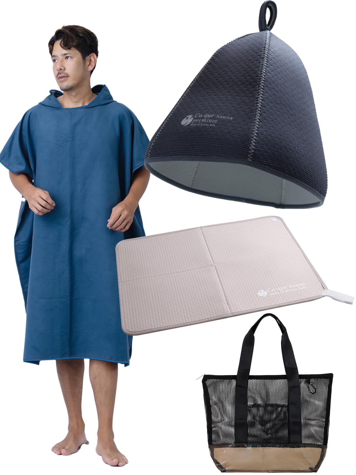 

Sauna Set Sauna Sauna Sauna Poncho and Mesh Bag [co-que] (4 pieces) Hat, Mat, Lite, (Poncho Blue, Hat Gray, Mat Greige)