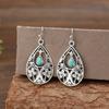 Vintage Waterdrop Inlaid Green Stone Hollow Earrings Geometric Creativity Flower Silver Color Dangle Earrings for Women Jewelry