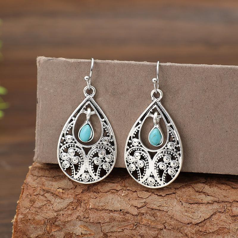 Vintage Waterdrop Inlaid Green Stone Hollow Earrings Geometric Creativity Flower Silver Color Dangle Earrings for Women Jewelry