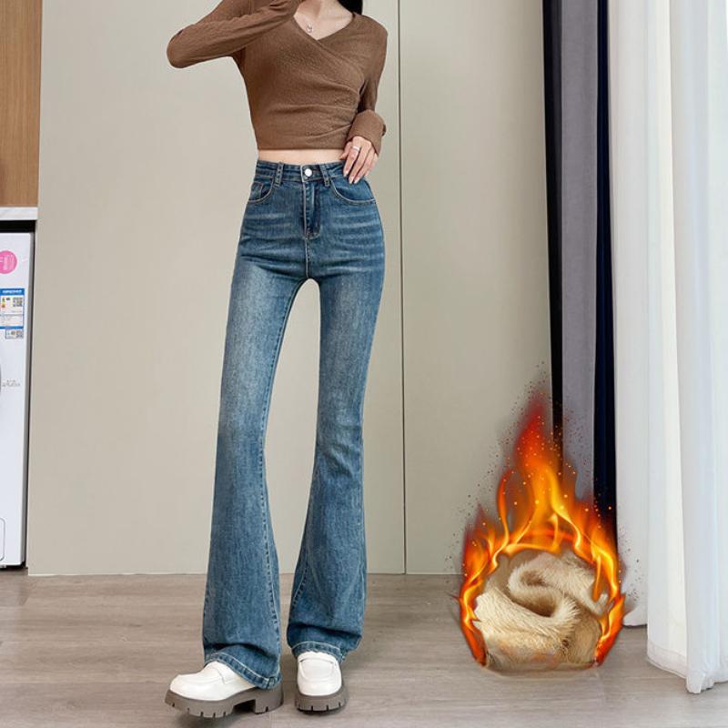 High-waisted Thickened Jeans for Women with A Slim Fit and Slim Autumn and Winter Retro Bell-bottom Pants Horseshoe