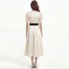 Elegant Evening Party Dress Summer Women Cross V-Neck Puff Short Sleeve Satin High Waist Belt Lace Up Midi Dress