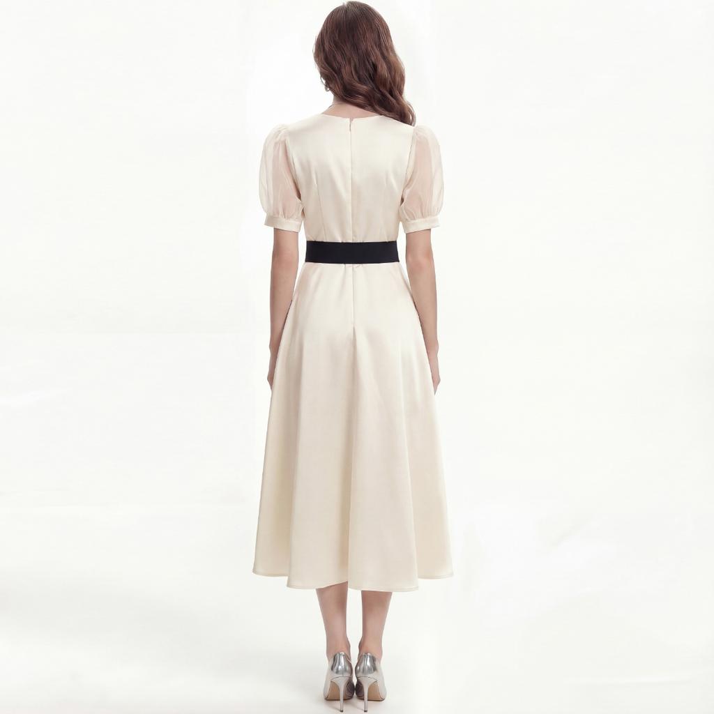 Elegant Evening Party Dress Summer Women Cross V-Neck Puff Short Sleeve Satin High Waist Belt Lace Up Midi Dress