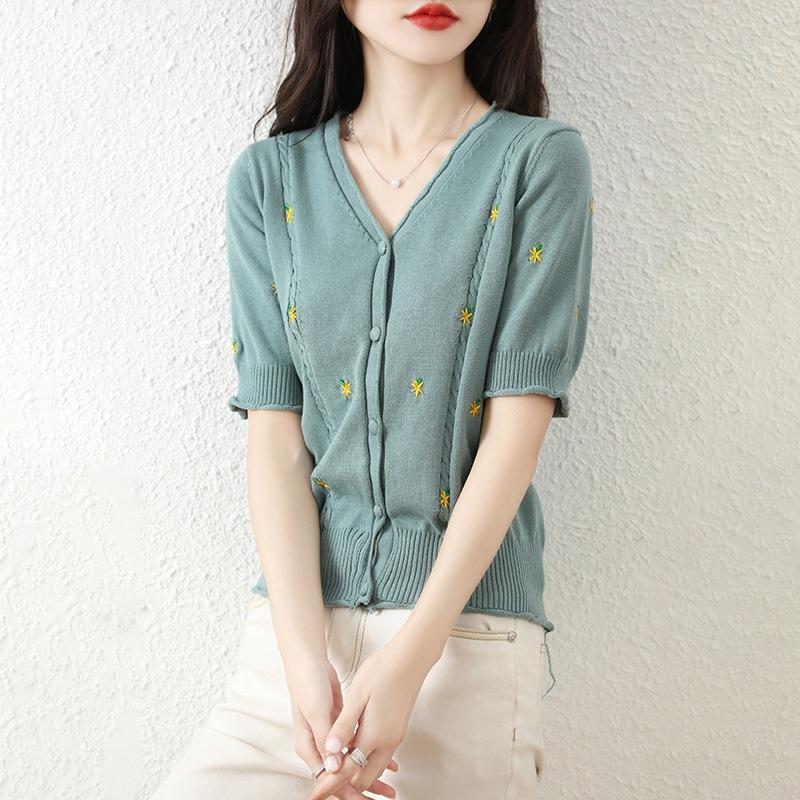 

Кардиган женский летний новый корейский версии тонкий с коротким рукавом и кружевными рукавами «маргаритка», вязаный из хлопка, с V-образным вырезом XXL зелёный