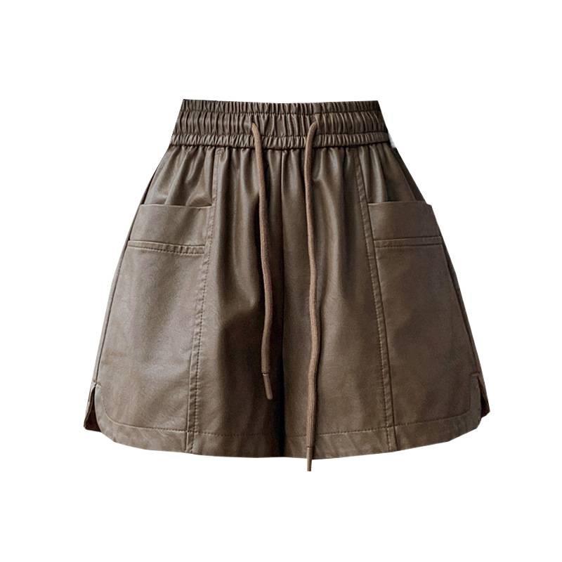 Damen Winter-Bootcut-Shorts aus PU-Leder mit hohem Bund: Elastischer Bund, lockerer Schnitt mit weitem Bein