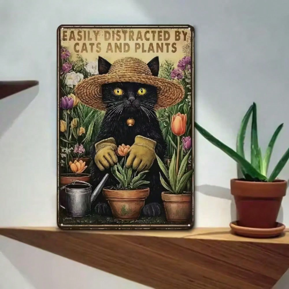 Vintage Metal Cat Wall Art Rustic Tin Sign 8x12 Inch Funny Garden Decor