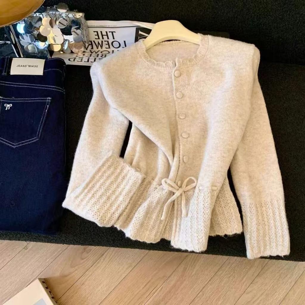 Autumn Long Sleeved Sweater for Women Collection Waist Slimming Ruffle Edge Knitted Top Gentle Style Drawstring Design