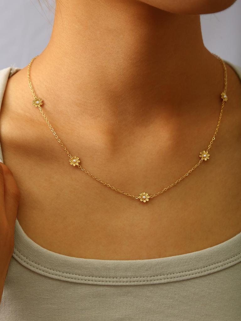 Ins Style Mode Leicht Einfach Luxuriös Elegant Zart Edelstahl 18K Vergoldet Zirkon Gänseblümchen Blume Halskette Damen