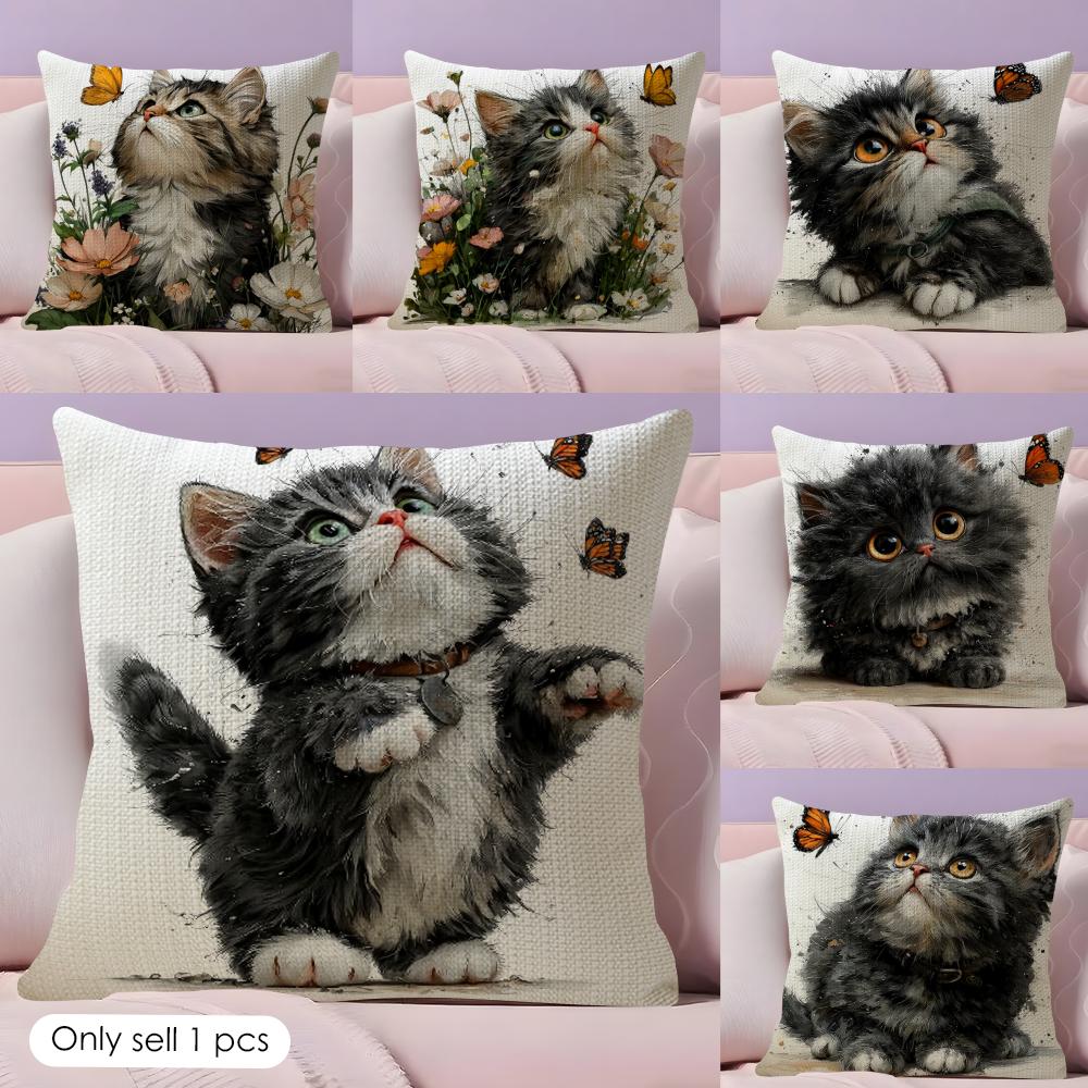 Cute Cat and Flower Cushion Cover Natural Linen Organic Fabric DoubleSided Printing Couch Pillow Covers Home Decor