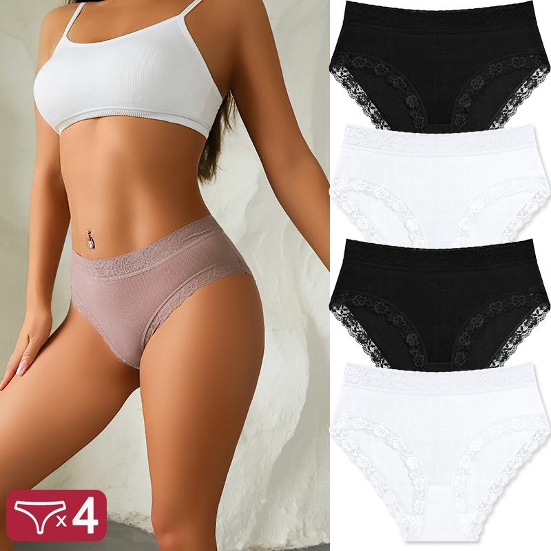FINETOO 4Pcs Lace Plus Size Underwears Women's Sexy Panties High Quality Striped Briefs Girls Solid Sports Comfortable Lingerie