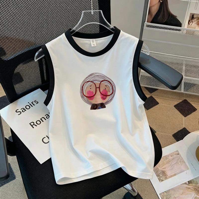 Girls' Korean Style Fashionable Color Block Cotton Vest T-shirt - Summer Sleeveless Top for Middle & Older Kids, Casual Round Neck Trendy Design