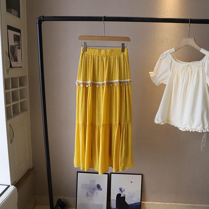 

[Би Чжэн] Летняя юбка миди А-силуэта с кисточками в богемном стиле для женщин One Size жёлтый