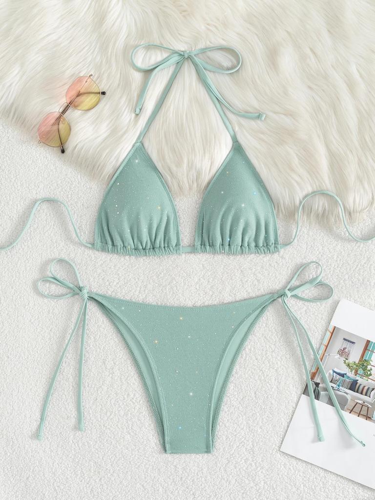 Costume da bagno da donna Tinta unita Triangolo Borsa Cravatta Paillettes Costume da bagno bikini sexy Costumi da bagno da spiaggia