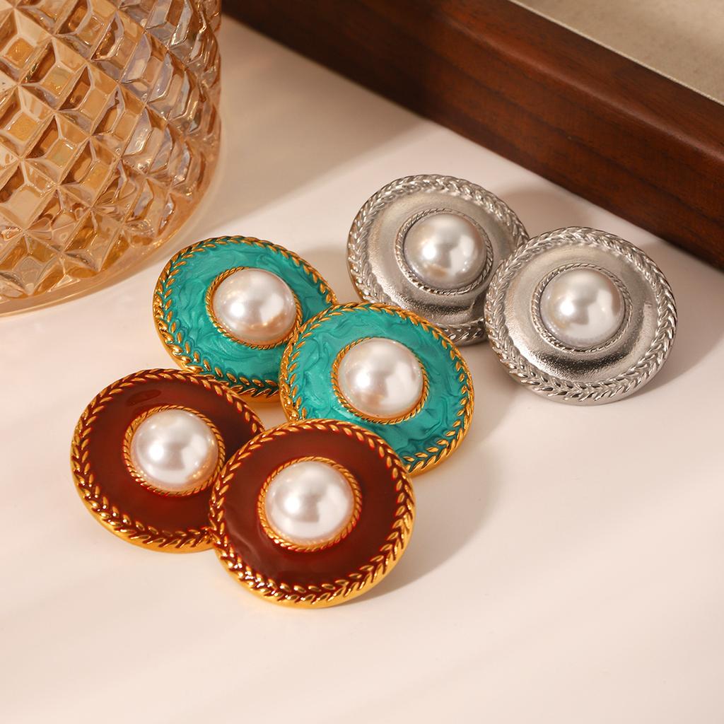 French court style stainless steel oil-drop earrings with pearl studs, retro elegant ear jewelry design