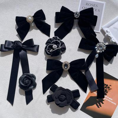 Retro Lolita Black Velvet Bow Tie Brooch - Academy Style Flower Collar Pin for Women In Stock
