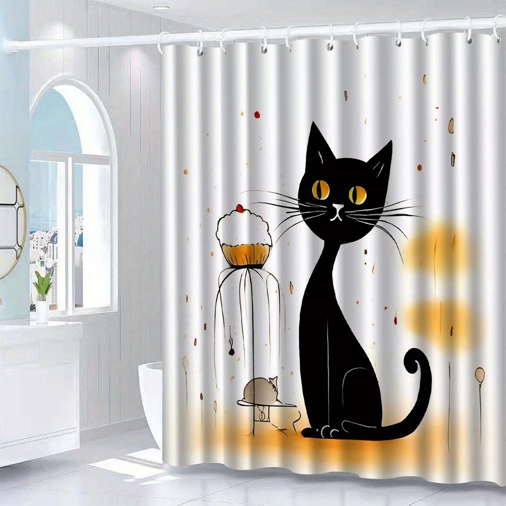 Black Cat & Cupcake Shower Curtain, Polyester, Machine Washable with Hooks, Artistic Bath Decor