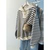 BF Lazy Style Striped Polo Collar Long Sleeve Sweatshirt for Women - Autumn/Winter Fleece Lined Loose Casual Korean Half Zip Top