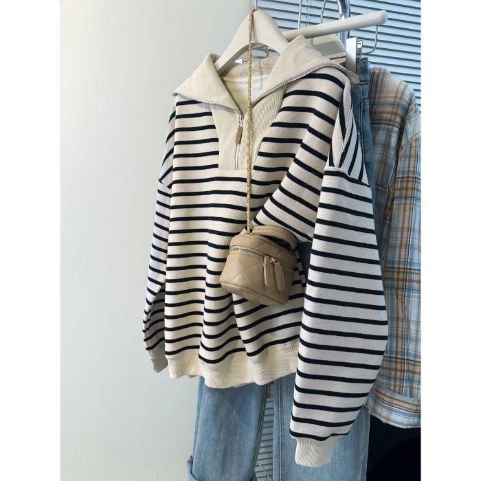 BF Lazy Style Striped Polo Collar Long Sleeve Sweatshirt for Women - Autumn/Winter Fleece Lined Loose Casual Korean Half Zip Top