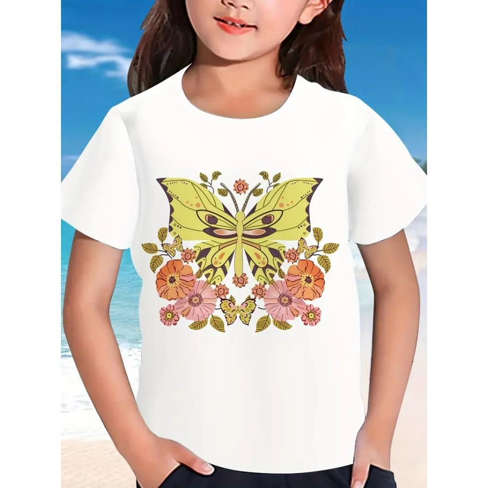Summer Round Neck 3D Butterfly Pattern Printed Top Fashionable Casual Short Sleeved Children's Girl T-shirts