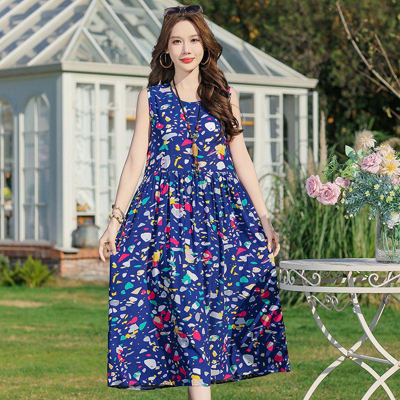 Elegant Plus Size Floral Cotton-Silk Sleeveless Summer Dress