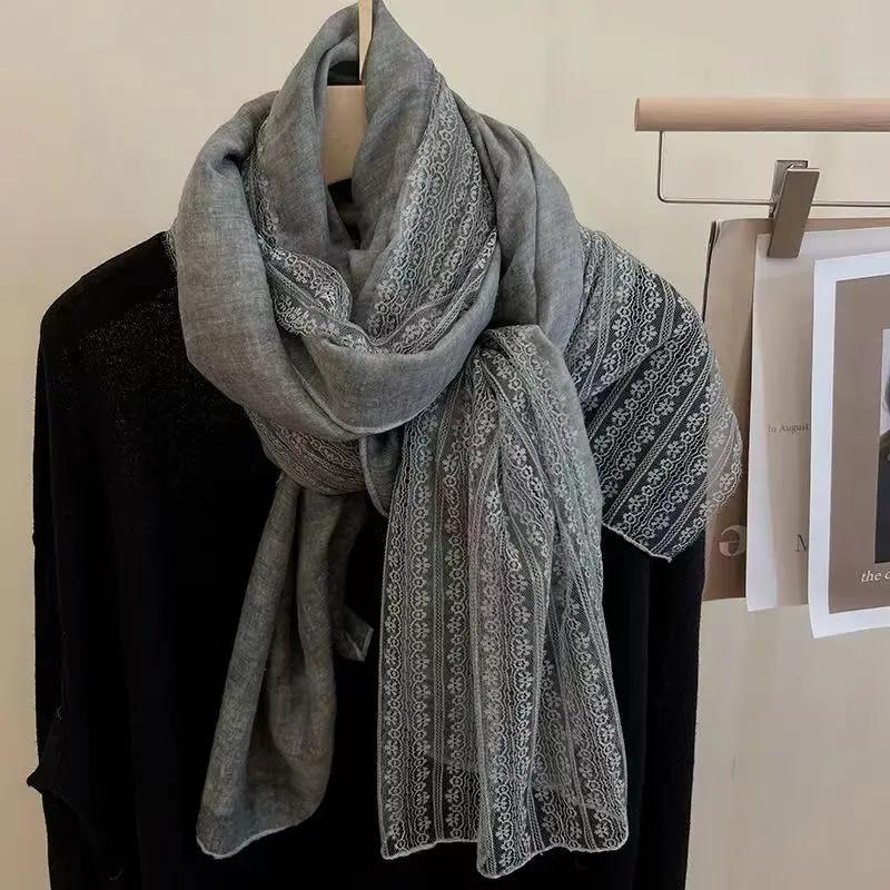 Spring Autumn New Sle Long Lace Splicing Versatile Women'S Scarf Faionable Ne Protection Awl Artistic Cotton Linen Th...