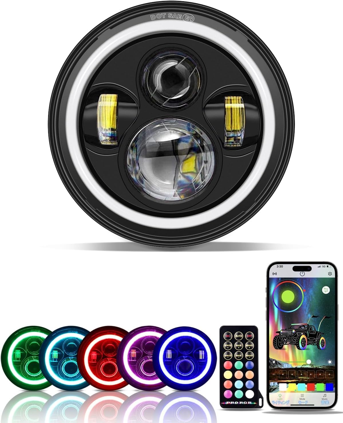 

Largoods LED Motorcycle Headlight with RGB Hi Lo 6500K IP67 Bluetooth Round Universal Easy for and Jimuni 7-inch DRL, & Switching, Brightness, чёрный