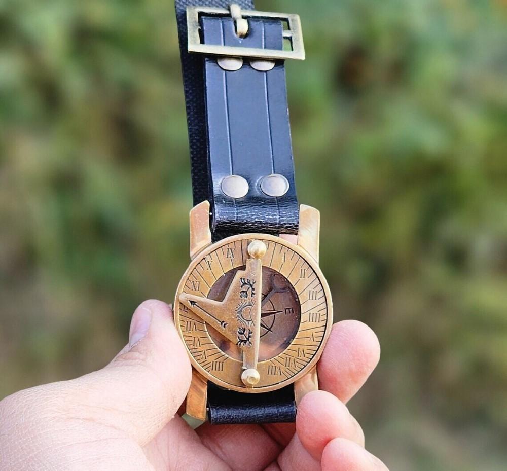 Orologio da Polso Meridiana Bussola in Ottone e Cinturini in Pelle Nautico Steampunk Fatto a Mano aero