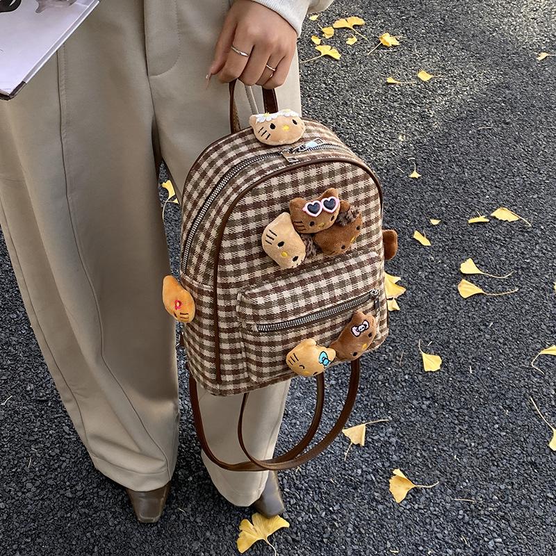 Boys And Girls Cartoon Backpack Foreign Style Plaid Cute Kitten Student Schoolbag Children'S Backpack