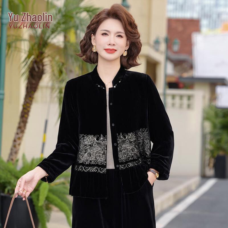 YUZHAOLIN Women s Embroidered Golden Velvet Spring Suit 2XL