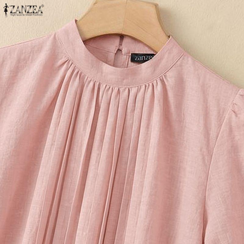 ZANZEA Women Stand Collar Solid Color Loose Casual Half Sleeve Blouse