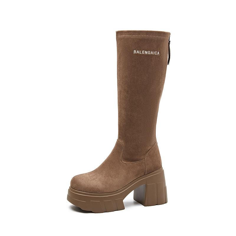 Long Boots Women's 2025 Autumn and Winter New Thick-soled Thick-heeled Knight Boots Korean Version Suede Elastic Thin Boots