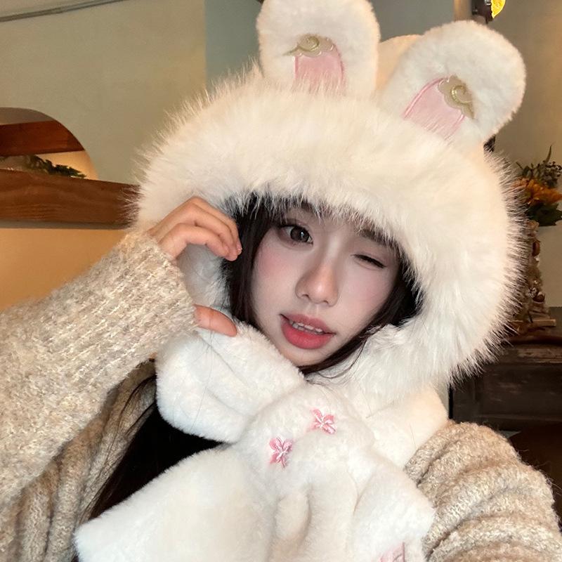 Plush Rabbit Hat and Scarf for Women In One Winter New Cute Warm Scarf Versatile Ear Protection Lei Feng Hat