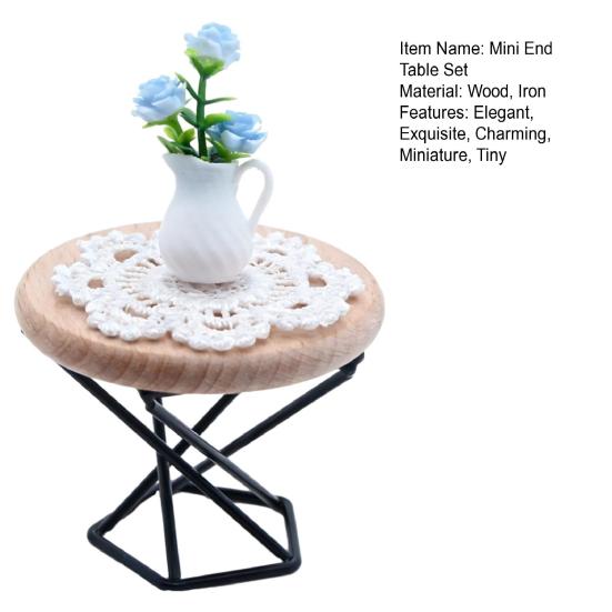 1/6 1/12 Scale Miniature Dollhouse End Table Furniture Wooden Round Side Tea Table Model with Tablecloth And Potted Flower for Dollhouse Decoration