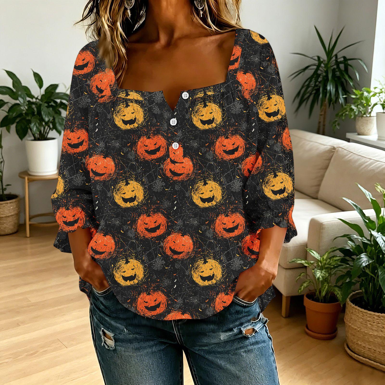 Women s Halloween Square Neck Button Front T-Shirt with 3D Print L