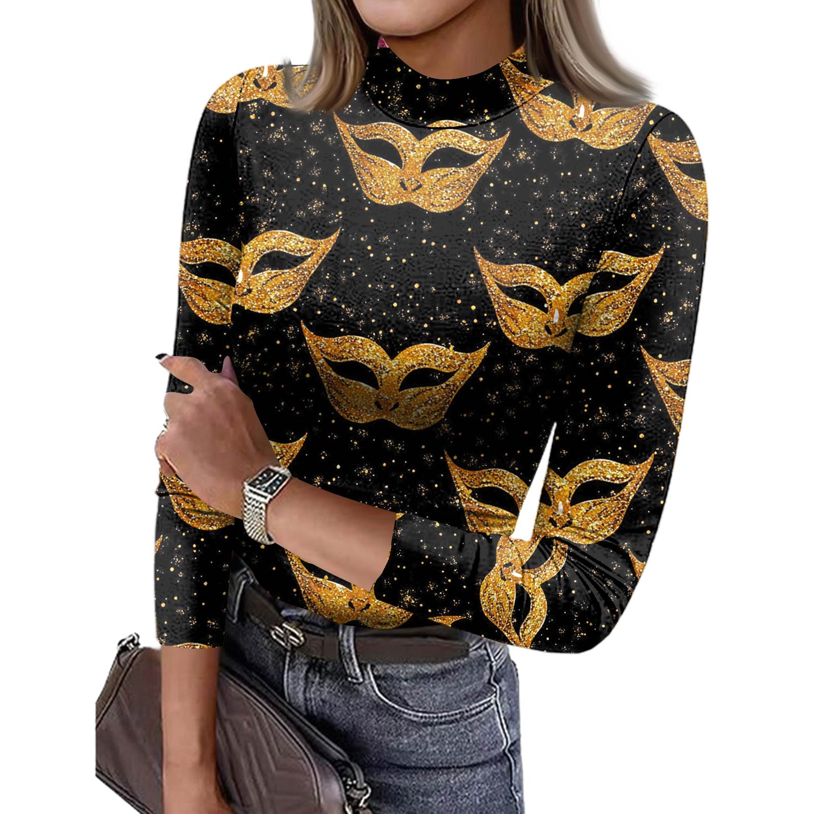 

Women s Slim Bottom T-shirt Fashion Casual Printing Round Neck Pullover 3/4 Sleeve Top L