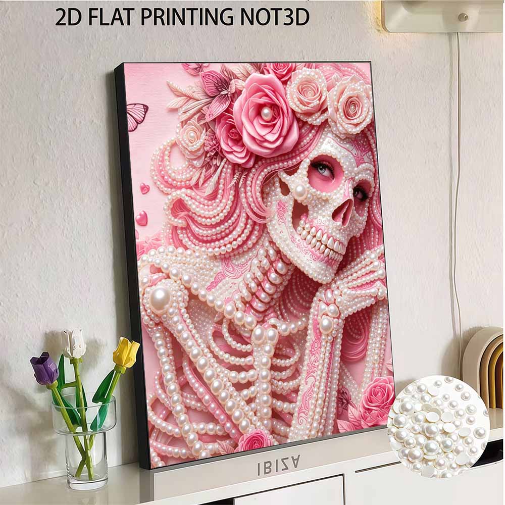 DIY Pearl Bead Art Canvas Pink Rose Floral Lady Pattern Frameless 3D Painting Kit for Bedroom Living Room Wall Decor
