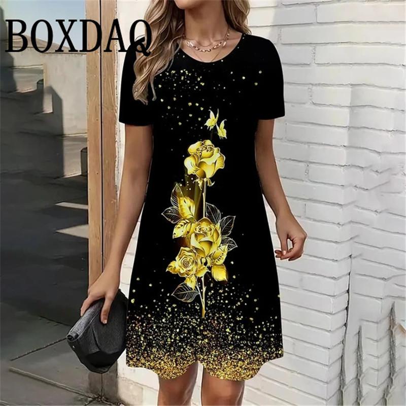 Lady New Dress 3D Printed Short Sleeve Mid-Length Dress Fashion Summer Autumn O-Neck Loose Vintage Dress Elegant Women Clothing