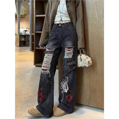 Jeans Vintage Punk Large Déchiré Grande Taille pour Femme